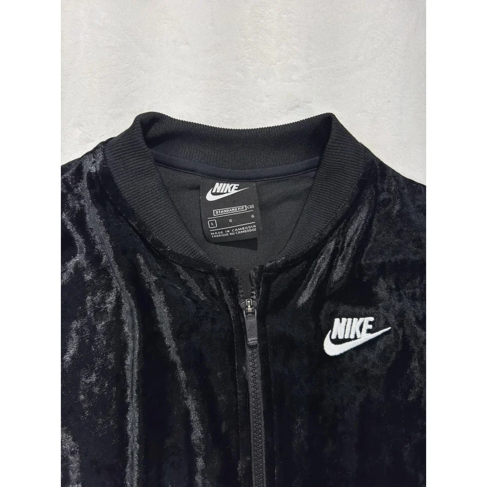 Nike Track Jacket Womens Large Black Velour Full Zip Logo Tape Sleeves Swoosh